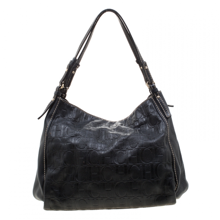 مملوكة مسبقًا Carolina Herrera Black Monogram Leather Shoulder Bag