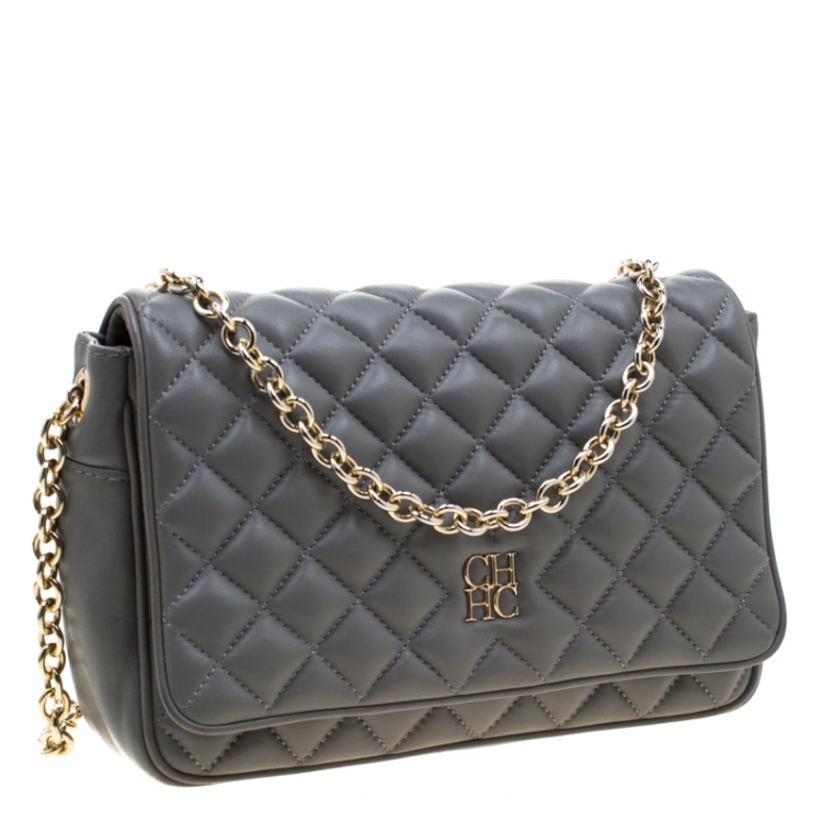 مملوكة مسبقًا Carolina Herrera Grey Quilted Leather Flap Shoulder Bag