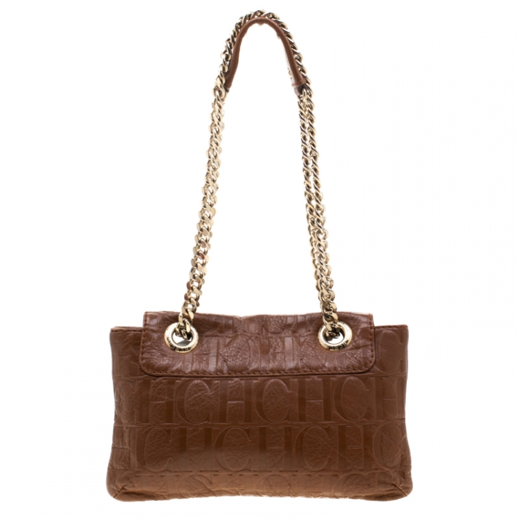 Pre Owned Carolina Herrera Brown Monogram Leather Audrey Shoulder Bag