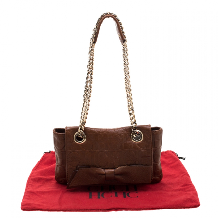 Pre Owned Carolina Herrera Brown Monogram Leather Audrey Shoulder Bag