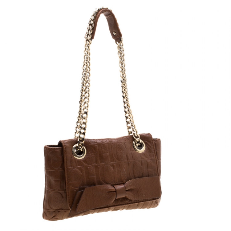 Pre Owned Carolina Herrera Brown Monogram Leather Audrey Shoulder Bag