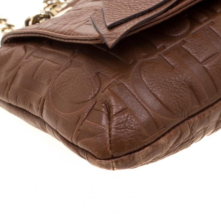 Pre Owned Carolina Herrera Brown Monogram Leather Audrey Shoulder Bag