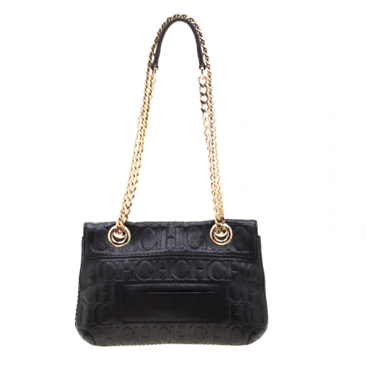 Pre Owned Carolina Herrera Black Monogram Leather Audrey Shoulder Bag