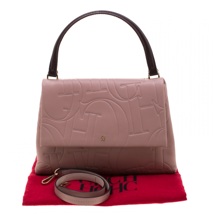Pre Owned Carolina Herrera Pink Embossed Leather Top Handle Bag