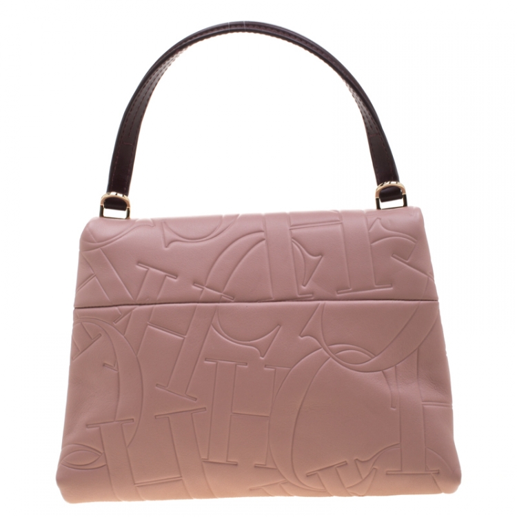 Pre Owned Carolina Herrera Pink Embossed Leather Top Handle Bag