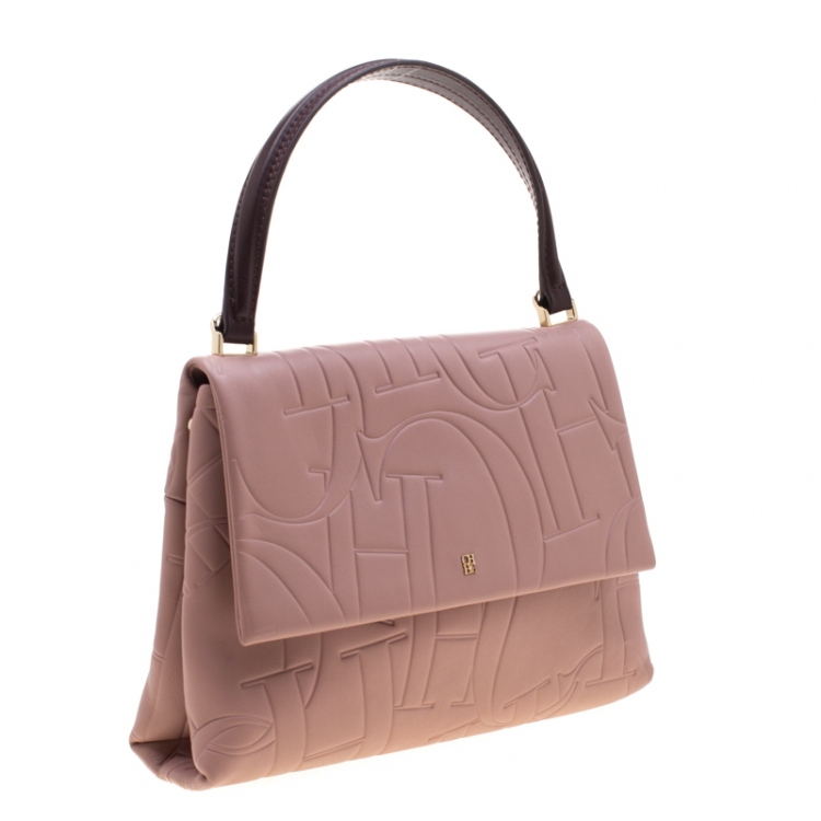 Pre Owned Carolina Herrera Pink Embossed Leather Top Handle Bag