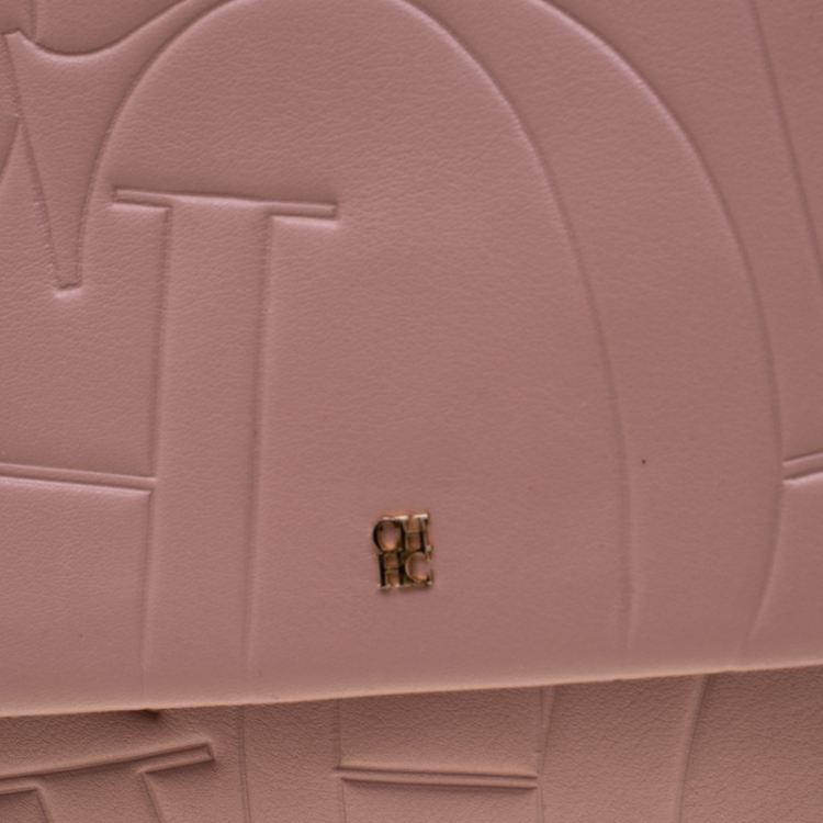 Pre Owned Carolina Herrera Pink Embossed Leather Top Handle Bag
