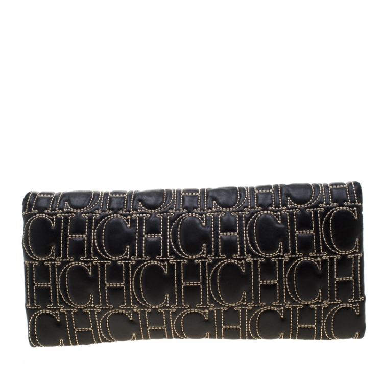 Pre Owned Carolina Herrera Black Monogram Leather Clutch
