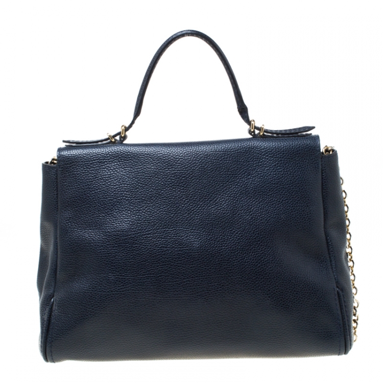 Pre Owned Carolina Herrera Navy Blue Leather Minuetto Flap Top Handle Bag