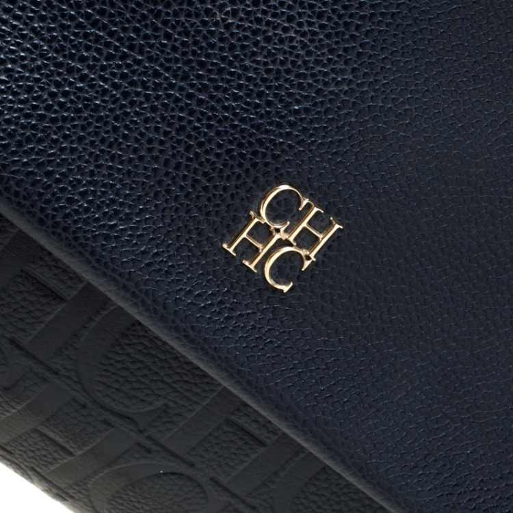 Pre Owned Carolina Herrera Navy Blue Leather Minuetto Flap Top Handle Bag