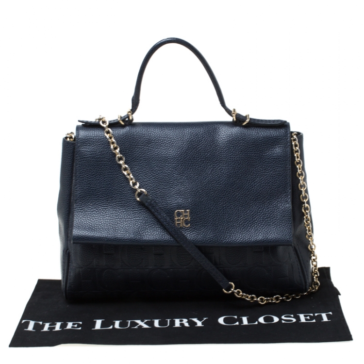 Pre Owned Carolina Herrera Navy Blue Leather Minuetto Flap Top Handle Bag