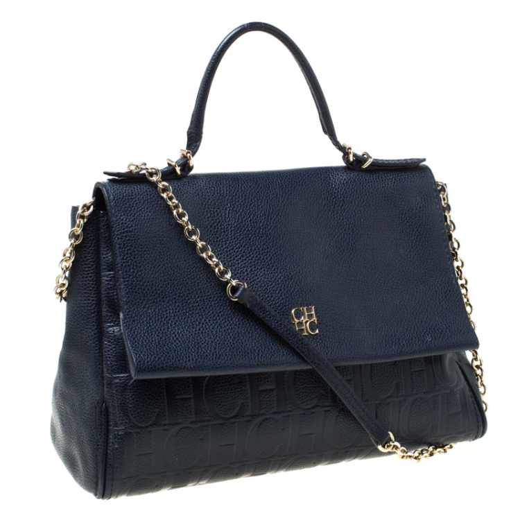 Pre Owned Carolina Herrera Navy Blue Leather Minuetto Flap Top Handle Bag