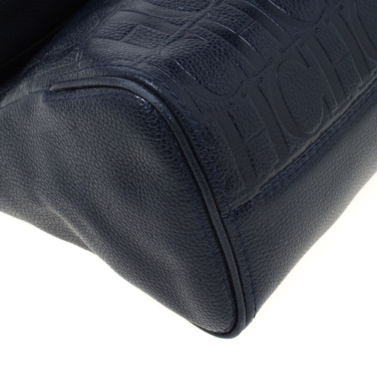 Pre Owned Carolina Herrera Navy Blue Leather Minuetto Flap Top Handle Bag