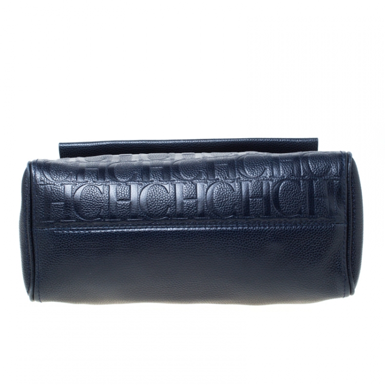 Pre Owned Carolina Herrera Navy Blue Leather Minuetto Flap Top Handle Bag