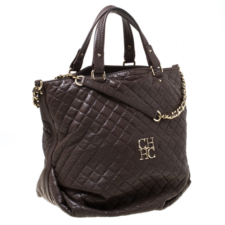 Pre Owned Carolina Herrera Brown Quilted Leather Bowler Bag