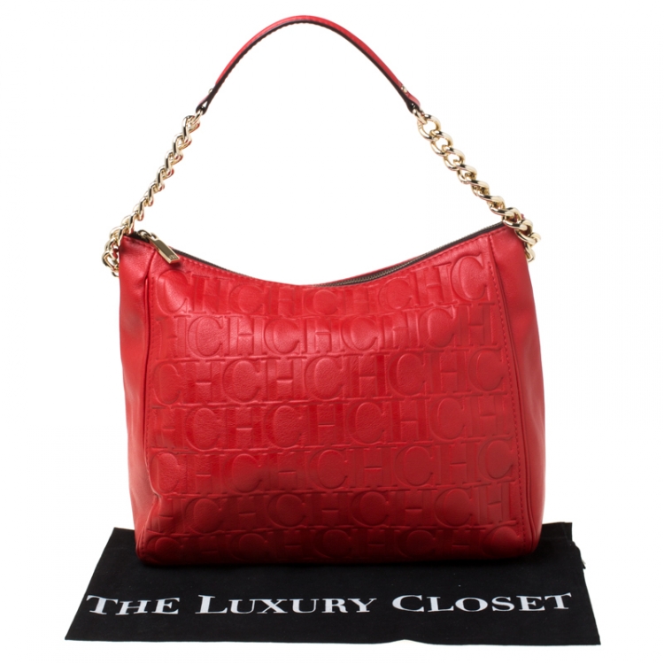 Pre Owned CH Carolina Herrera Red Monogram Leather Shoulder Bag
