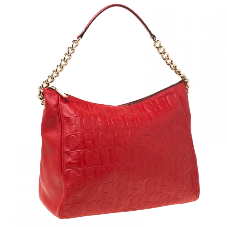 Pre Owned CH Carolina Herrera Red Monogram Leather Shoulder Bag