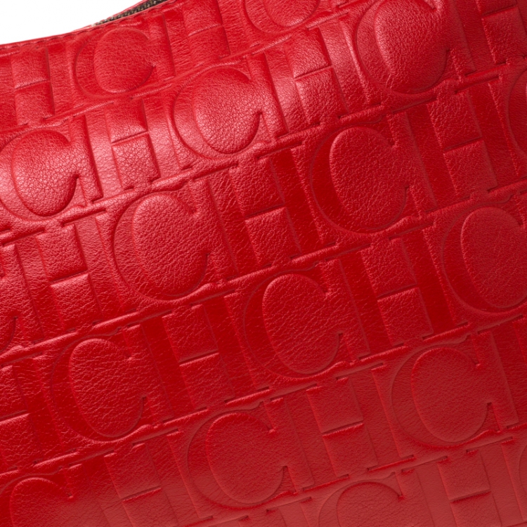 Pre Owned CH Carolina Herrera Red Monogram Leather Shoulder Bag