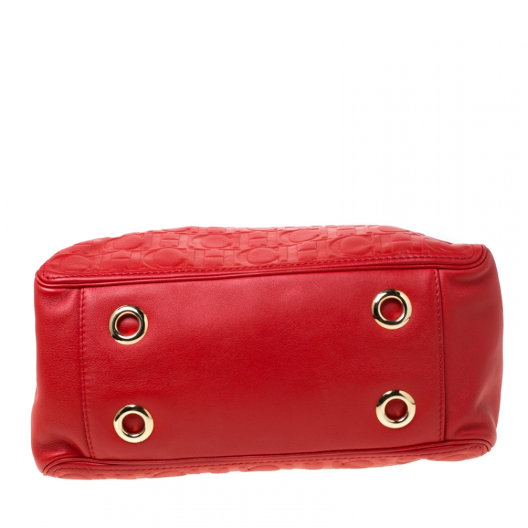 Pre Owned CH Carolina Herrera Red Monogram Leather Shoulder Bag