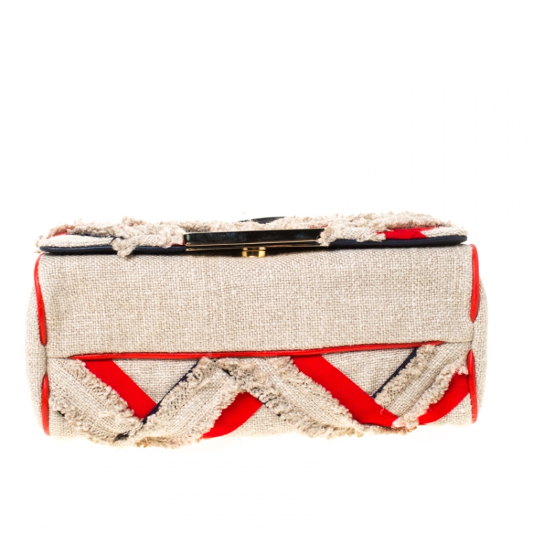 Pre Owned Carolina Herrera Beige/Red Tweed and Fabric Embellished Shoulder Bag