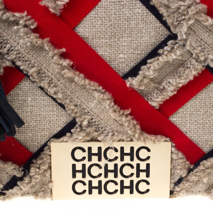 Pre Owned Carolina Herrera Beige/Red Tweed and Fabric Embellished Shoulder Bag
