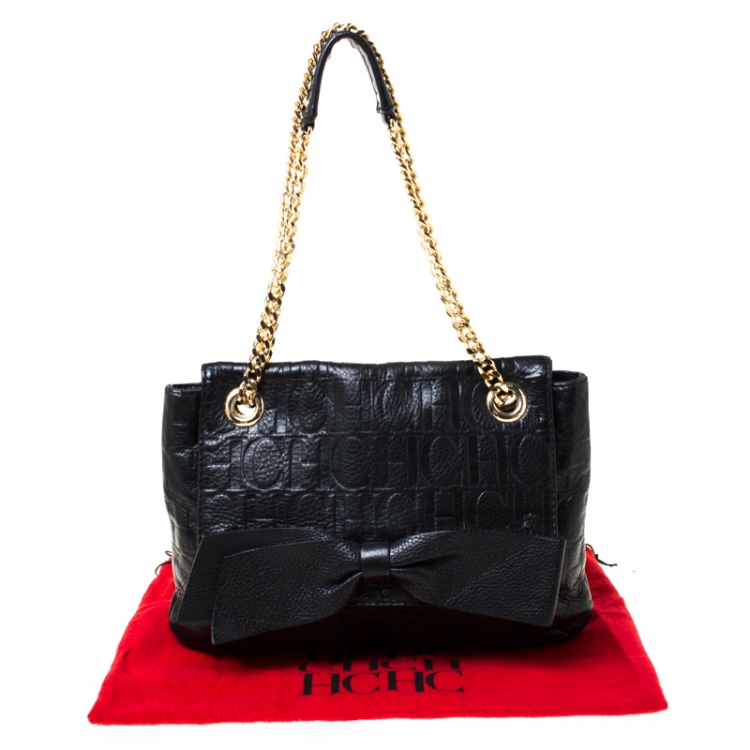 Pre Owned Carolina Herrera Black Monogram Leather Audrey Shoulder Bag