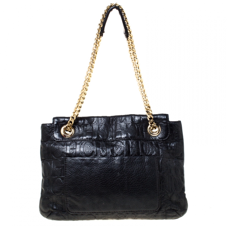 Pre Owned Carolina Herrera Black Monogram Leather Audrey Shoulder Bag