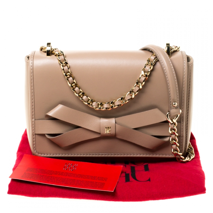 Pre Owned CH Carolina Herrera Beige Leather Flap Crossbody Bag