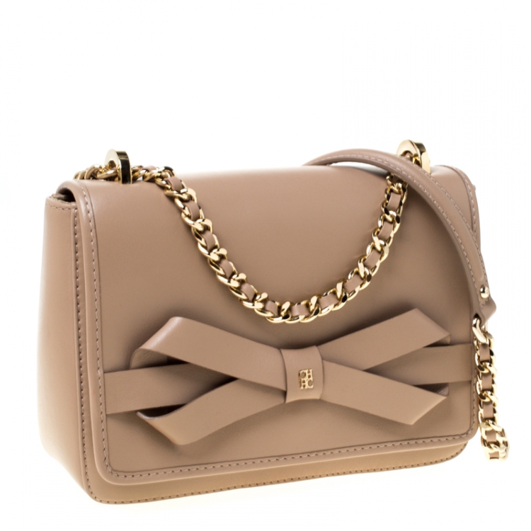 Pre Owned CH Carolina Herrera Beige Leather Flap Crossbody Bag