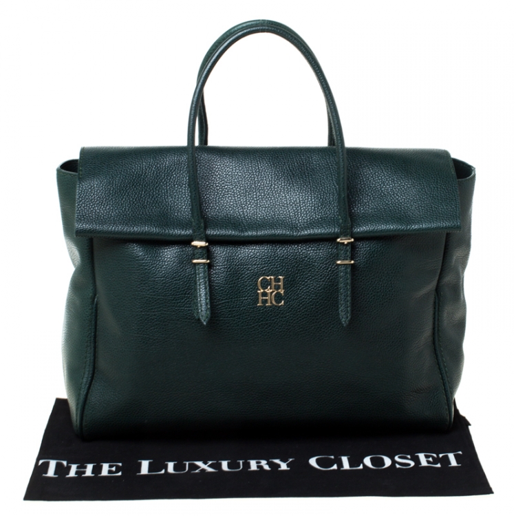 Pre Owned Carolina Herrera Dark Green Leather Tempo Collection Adagio Tote