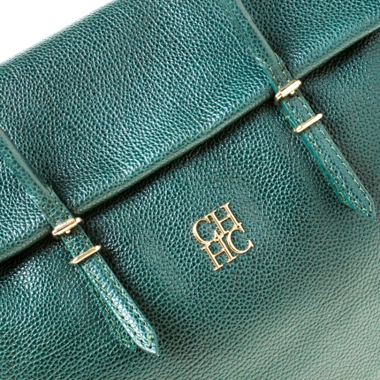 Pre Owned Carolina Herrera Dark Green Leather Tempo Collection Adagio Tote