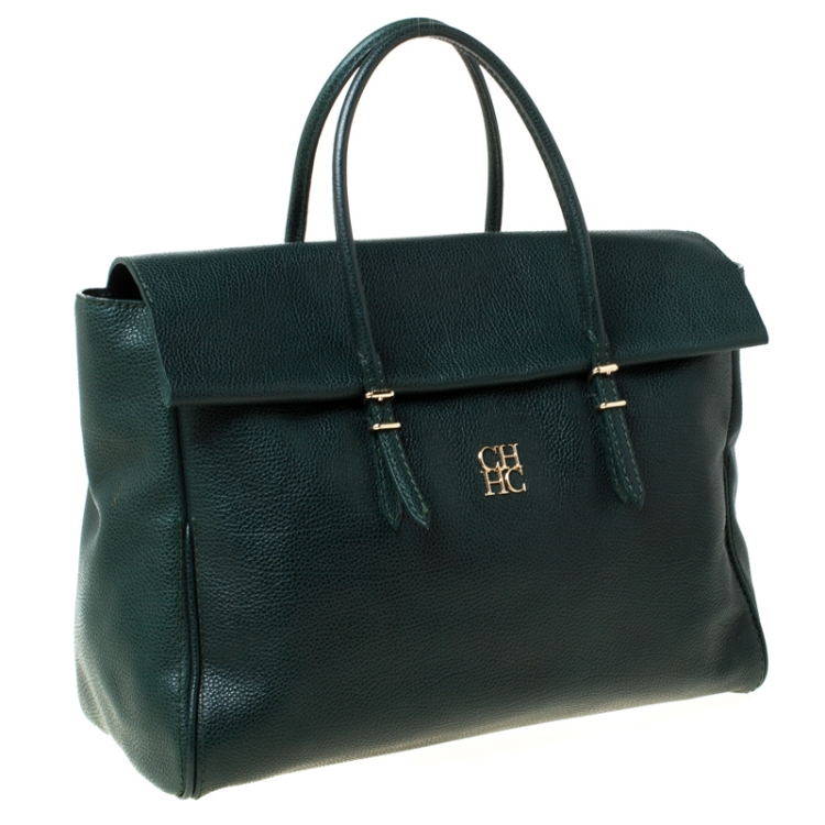Pre Owned Carolina Herrera Dark Green Leather Tempo Collection Adagio Tote