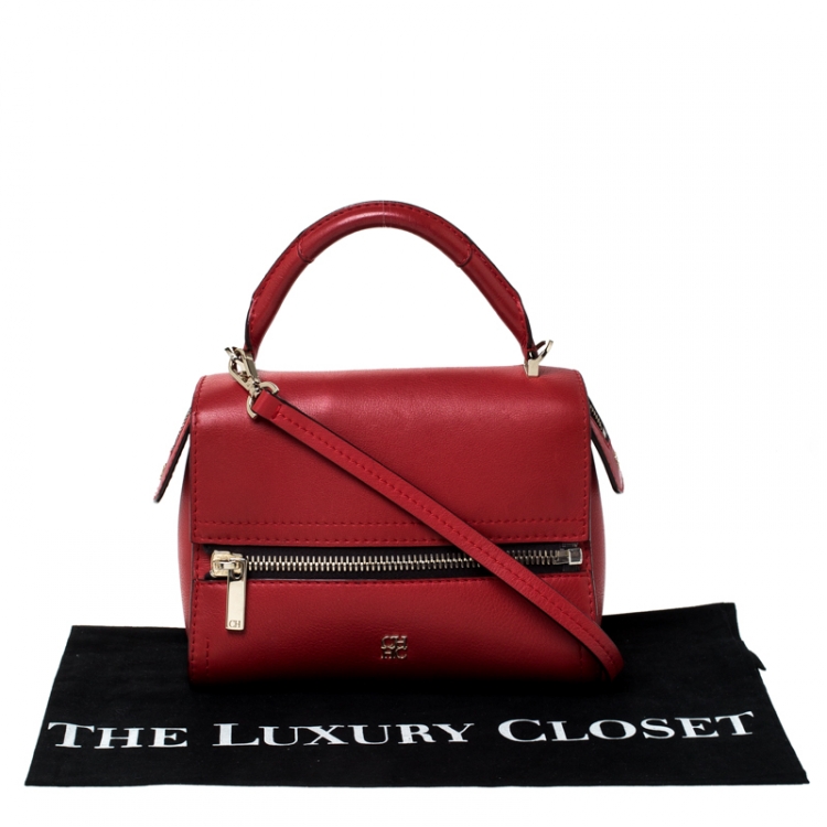 Pre Owned Carolina Herrera Red Leather Front Zip Top Handle Bag
