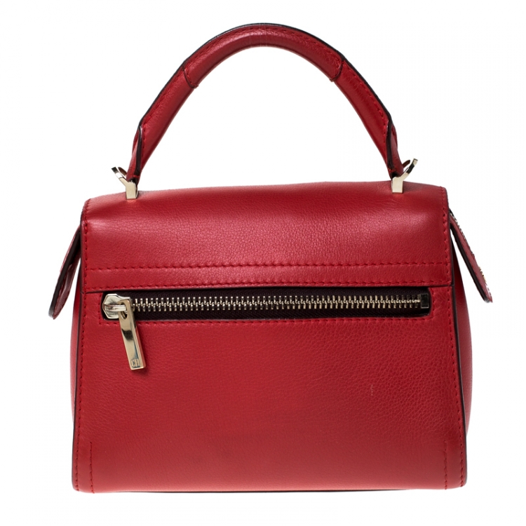 Pre Owned Carolina Herrera Red Leather Front Zip Top Handle Bag