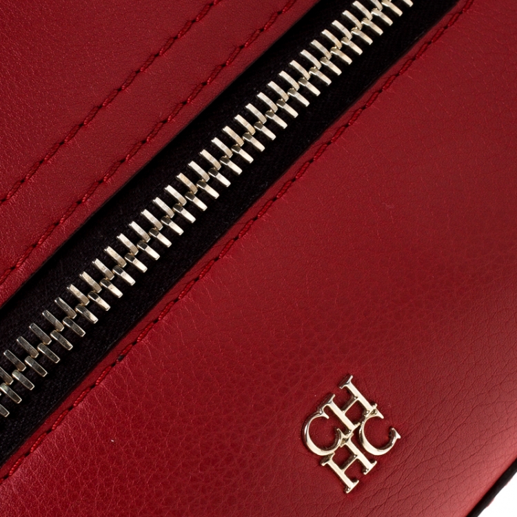 Pre Owned Carolina Herrera Red Leather Front Zip Top Handle Bag