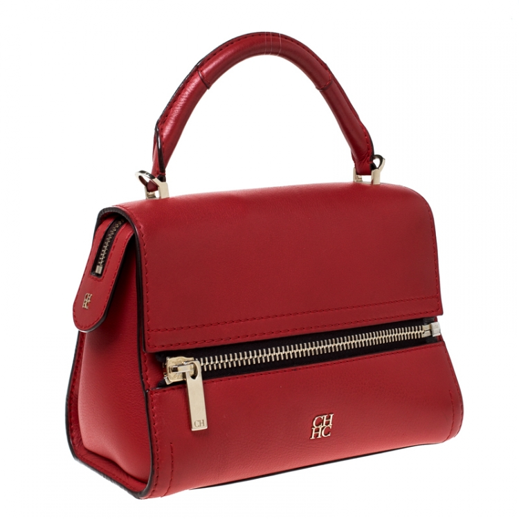 Pre Owned Carolina Herrera Red Leather Front Zip Top Handle Bag