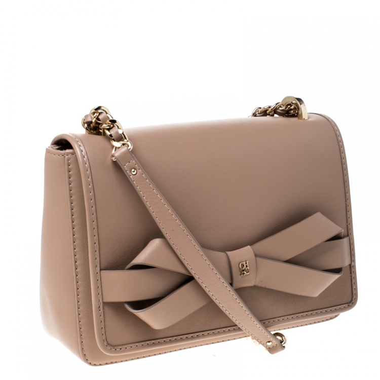 Pre Owned CH Carolina Herrera Beige Leather Flap Crossbody Bag