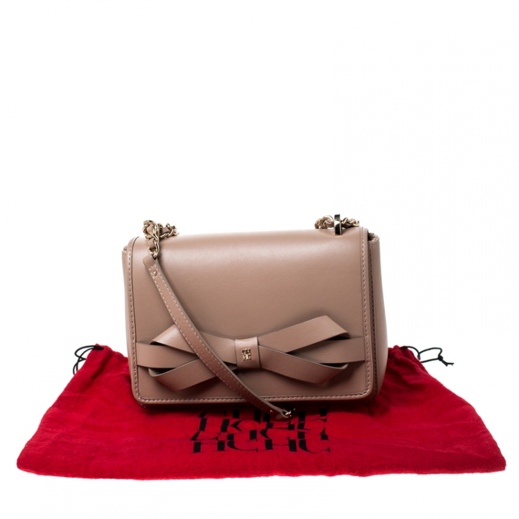 Pre Owned CH Carolina Herrera Beige Leather Flap Crossbody Bag