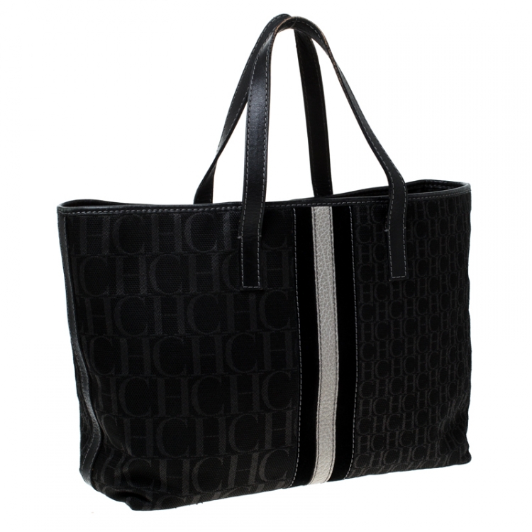 Pre Owned CH Carolina Herrera Black Monogram Canvas and Leather Tote 