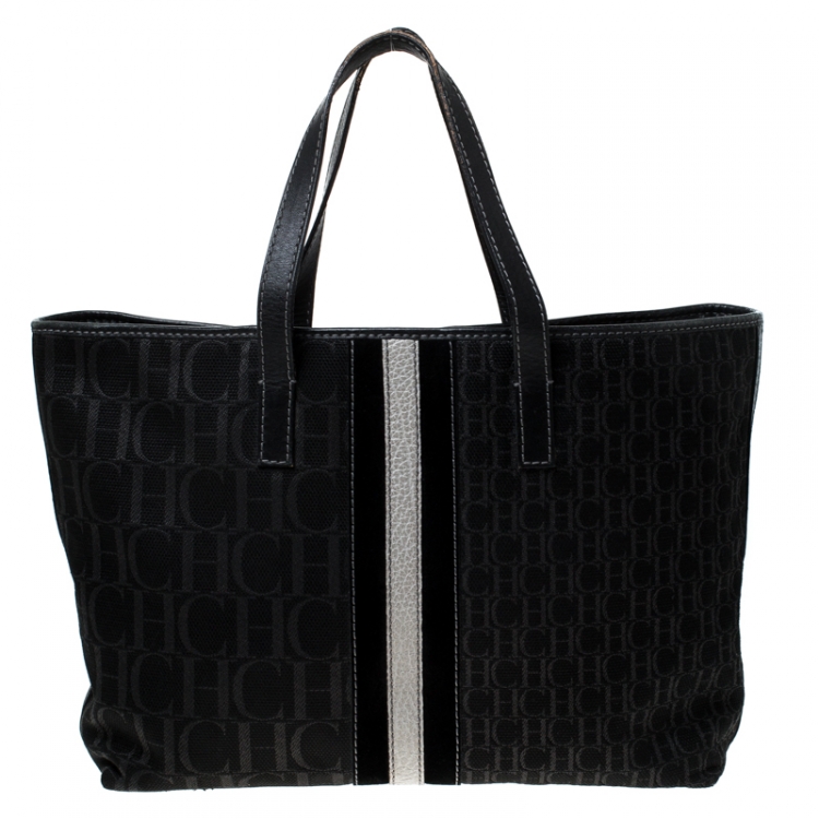 Pre Owned CH Carolina Herrera Black Monogram Canvas and Leather Tote 