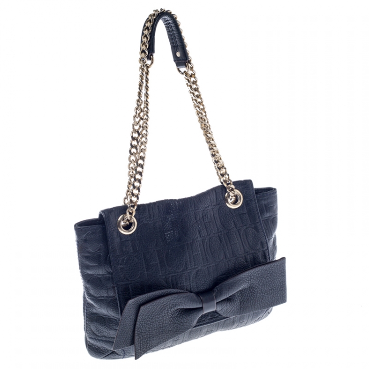 مملوكة مسبقًا Carolina Herrera Navy Blue Monogram Leather Audrey Shoulder Bag