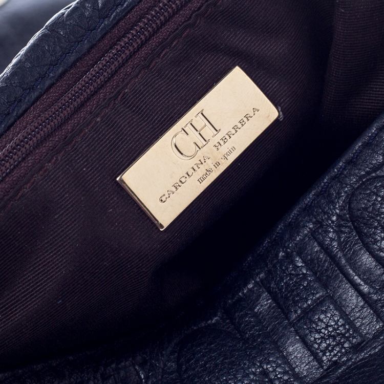 مملوكة مسبقًا Carolina Herrera Navy Blue Monogram Leather Audrey Shoulder Bag
