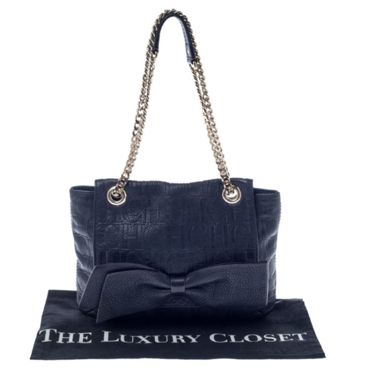مملوكة مسبقًا Carolina Herrera Navy Blue Monogram Leather Audrey Shoulder Bag