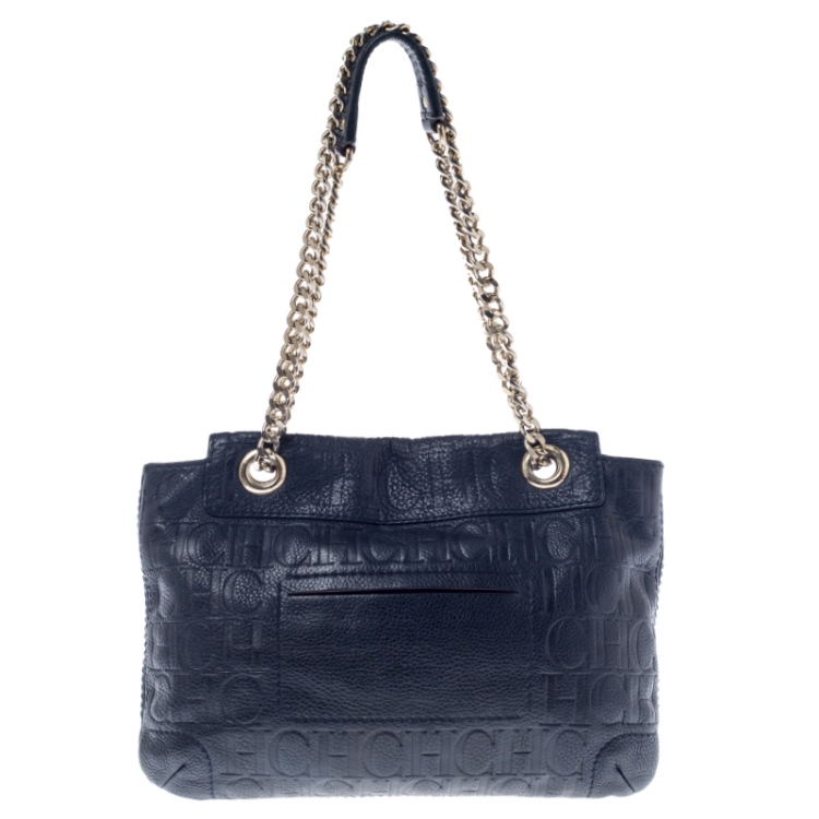 مملوكة مسبقًا Carolina Herrera Navy Blue Monogram Leather Audrey Shoulder Bag