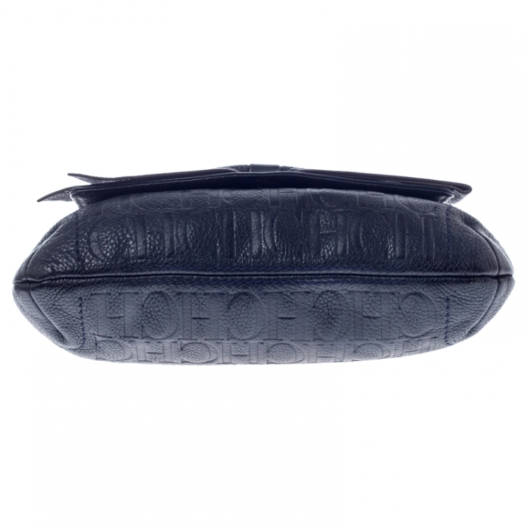 مملوكة مسبقًا Carolina Herrera Navy Blue Monogram Leather Audrey Shoulder Bag