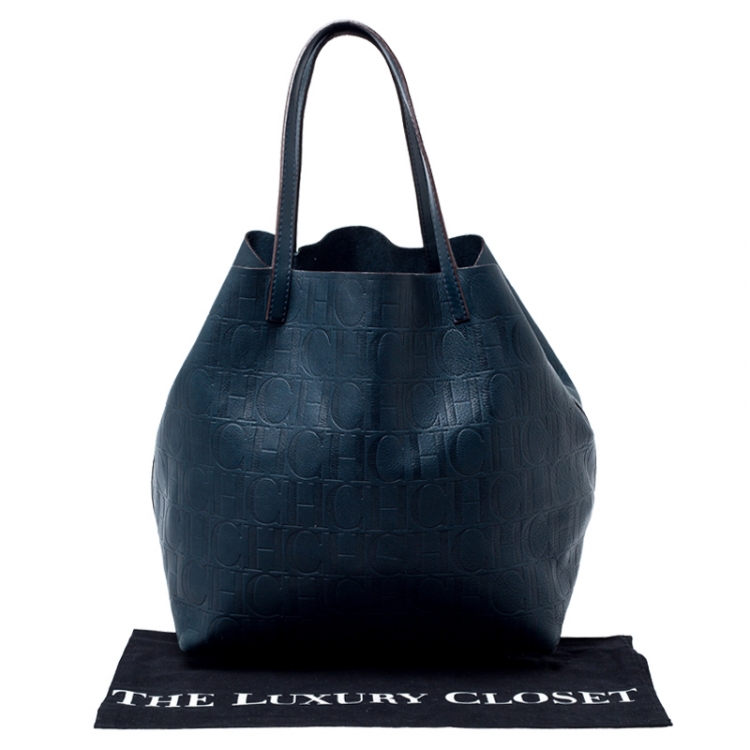 Pre Owned Carolina Herrera Deep Green Monogram Leather Matryoshka Tote
