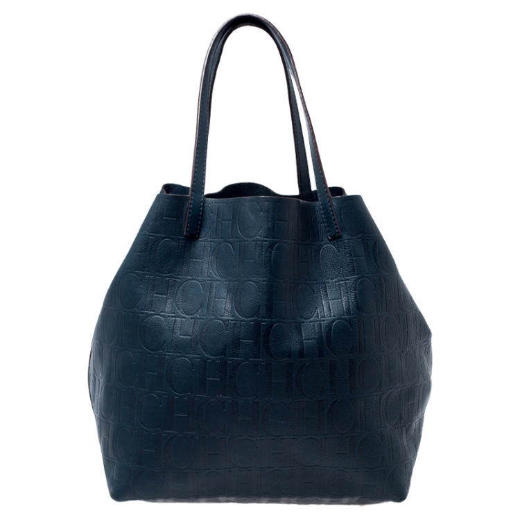 Pre Owned Carolina Herrera Deep Green Monogram Leather Matryoshka Tote