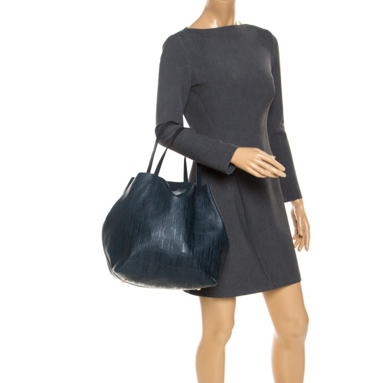 Pre Owned Carolina Herrera Deep Green Monogram Leather Matryoshka Tote