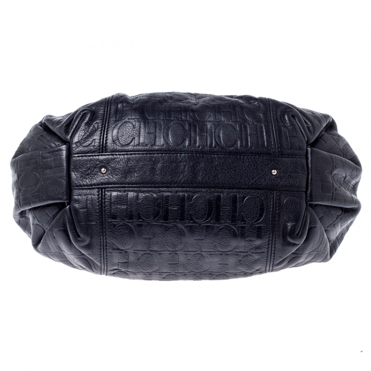 مملوكة مسبقًا Carolina Herrera Black Monogram Leather Chain Hobo