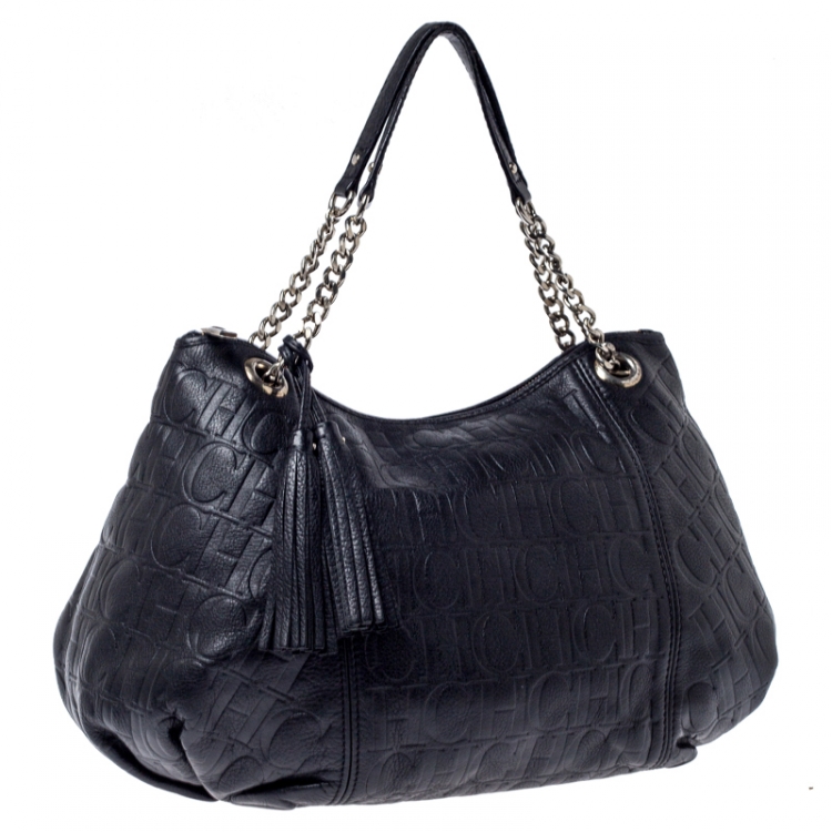 مملوكة مسبقًا Carolina Herrera Black Monogram Leather Chain Hobo